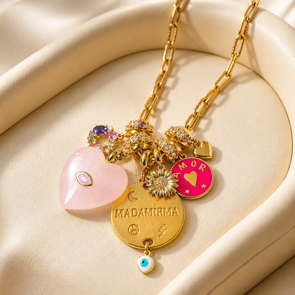 MADAMIRMA - SAUTOIR CHARMS DORÉ - COEUR QUARTZ ROSE