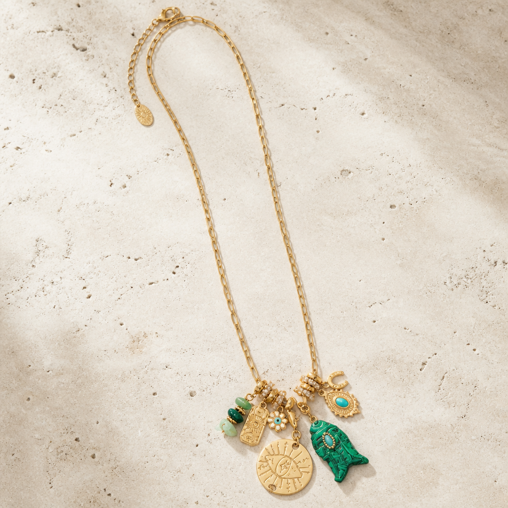 MADAMIRMAN - SAUTOIR CHARMS DORÉ - POISSON MALCHITE