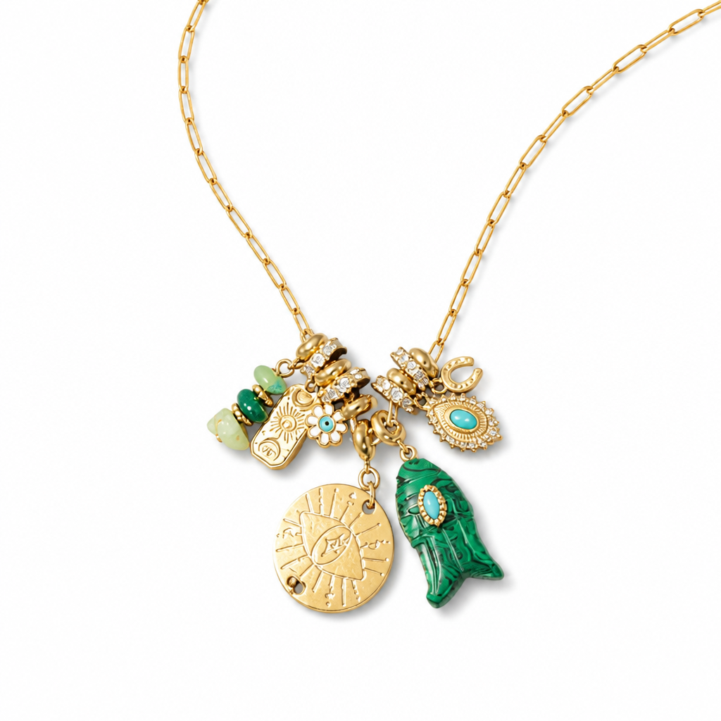 MADAMIRMAN - SAUTOIR CHARMS DORÉ - POISSON MALCHITE
