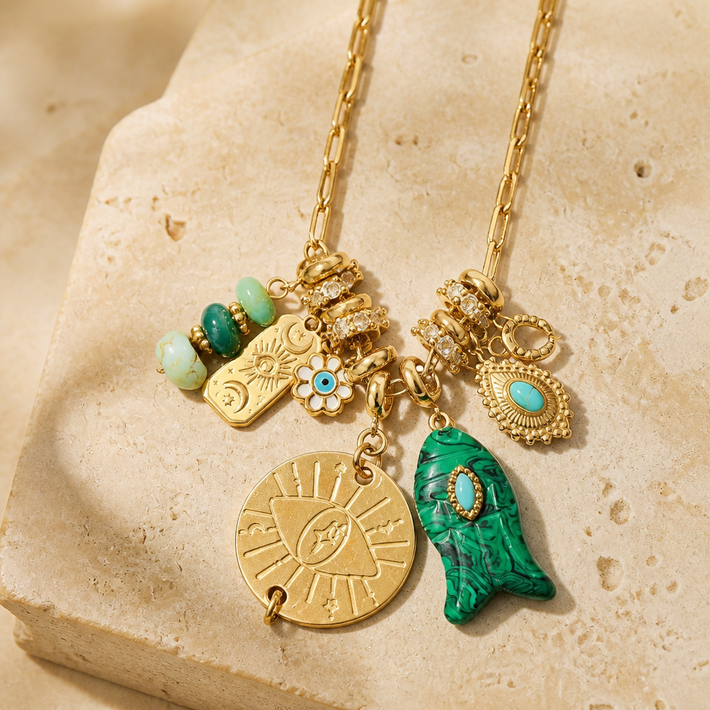 MADAMIRMAN - SAUTOIR CHARMS DORÉ - POISSON MALCHITE