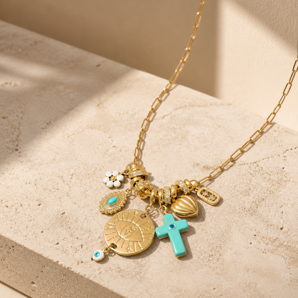 MADAMIRMA - SAUTOIR CHARMS DORÉS - CROIX TURQUOISE