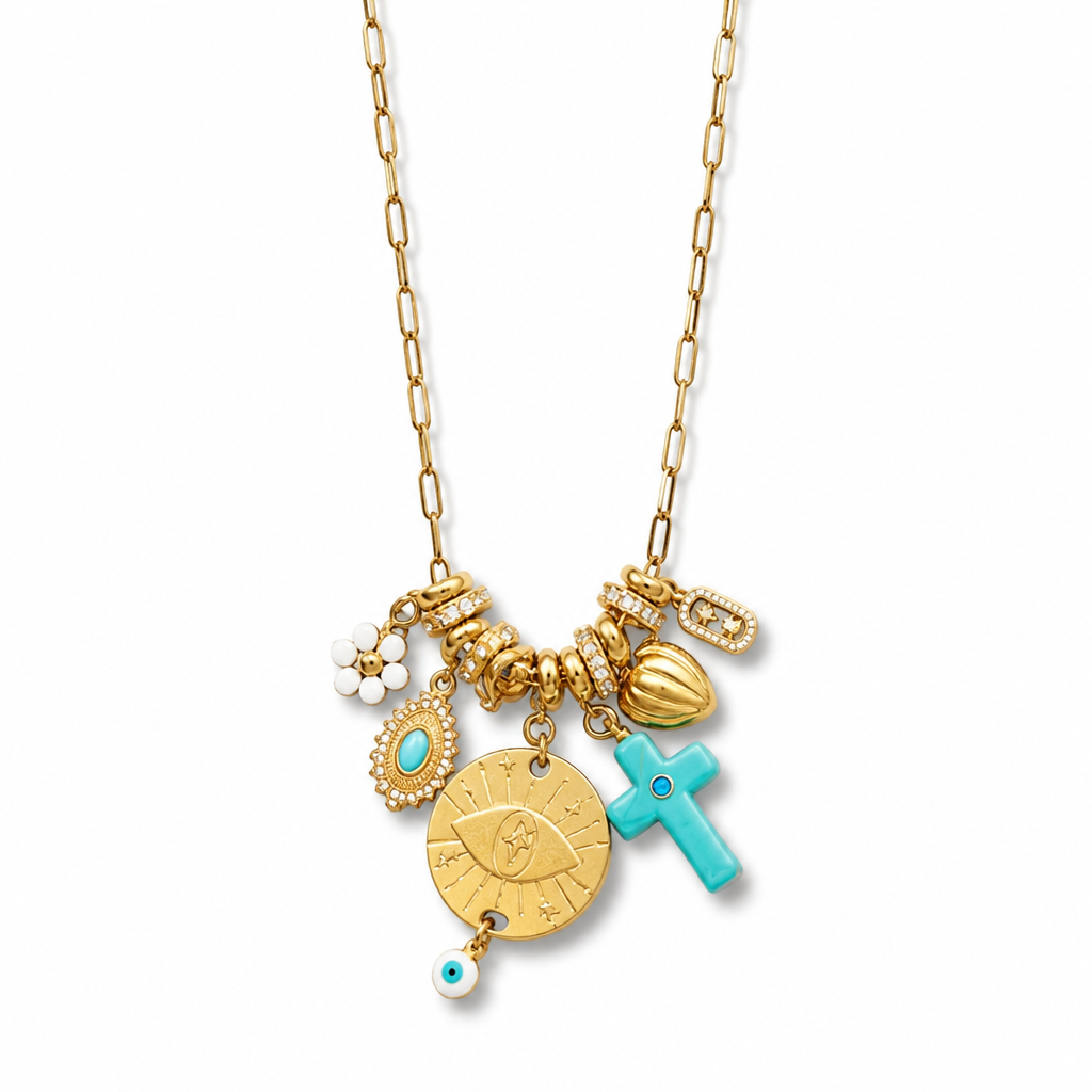MADAMIRMA - SAUTOIR CHARMS DORÉS - CROIX TURQUOISE