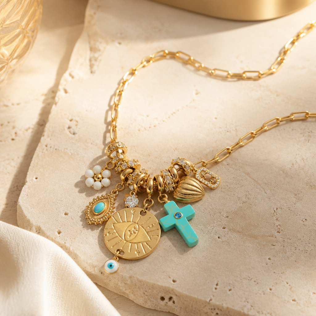 MADAMIRMA - SAUTOIR CHARMS DORÉS - CROIX TURQUOISE