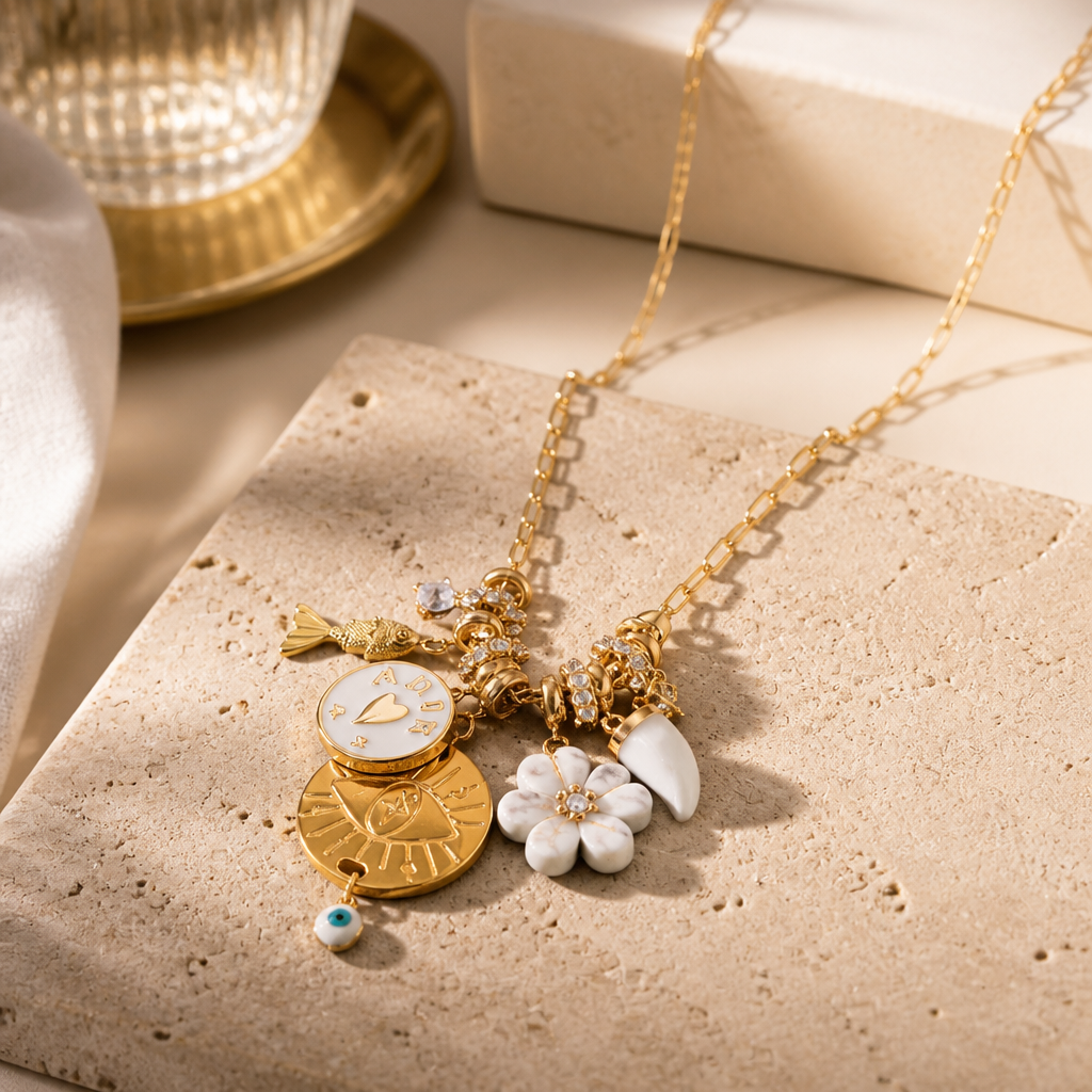 MADAMIRMA - SAUTOIR CHARMS DORÉS - FLEUR HOWLITE
