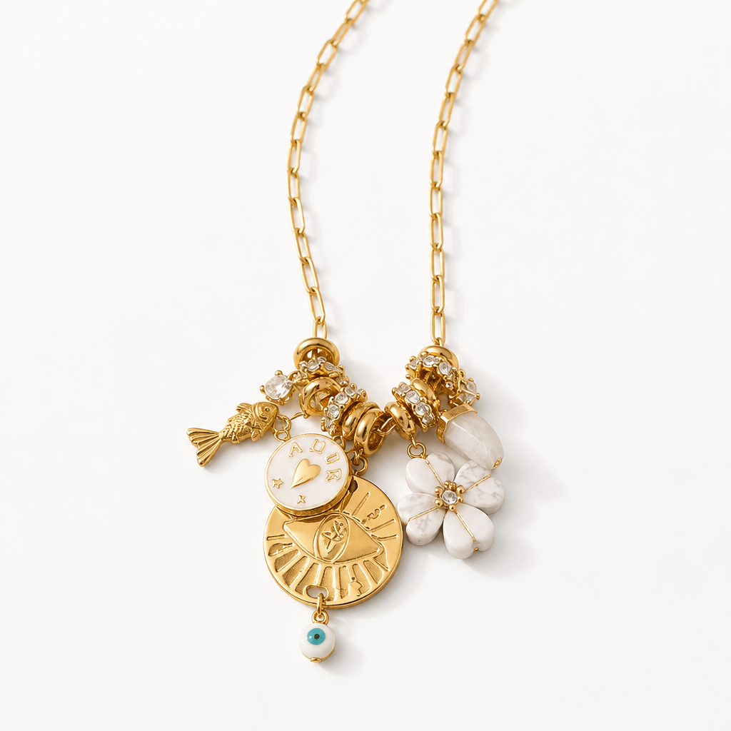 MADAMIRMA - SAUTOIR CHARMS DORÉS - FLEUR HOWLITE