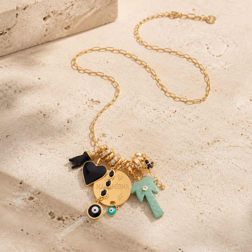 MADAMIRMA - SAUTOIR CHARMS DORÉRS - PALMIER AMAZONITE