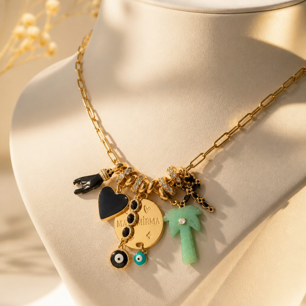 MADAMIRMA - SAUTOIR CHARMS DORÉRS - PALMIER AMAZONITE