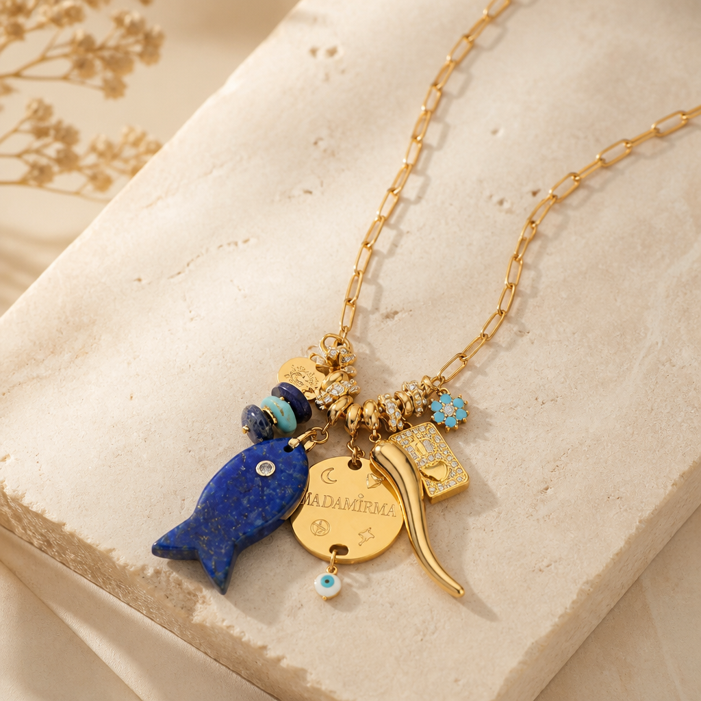 MADAMIRMA - SAUTOIR CHARMS DORÉS - POISSON LAPIS LAZULI