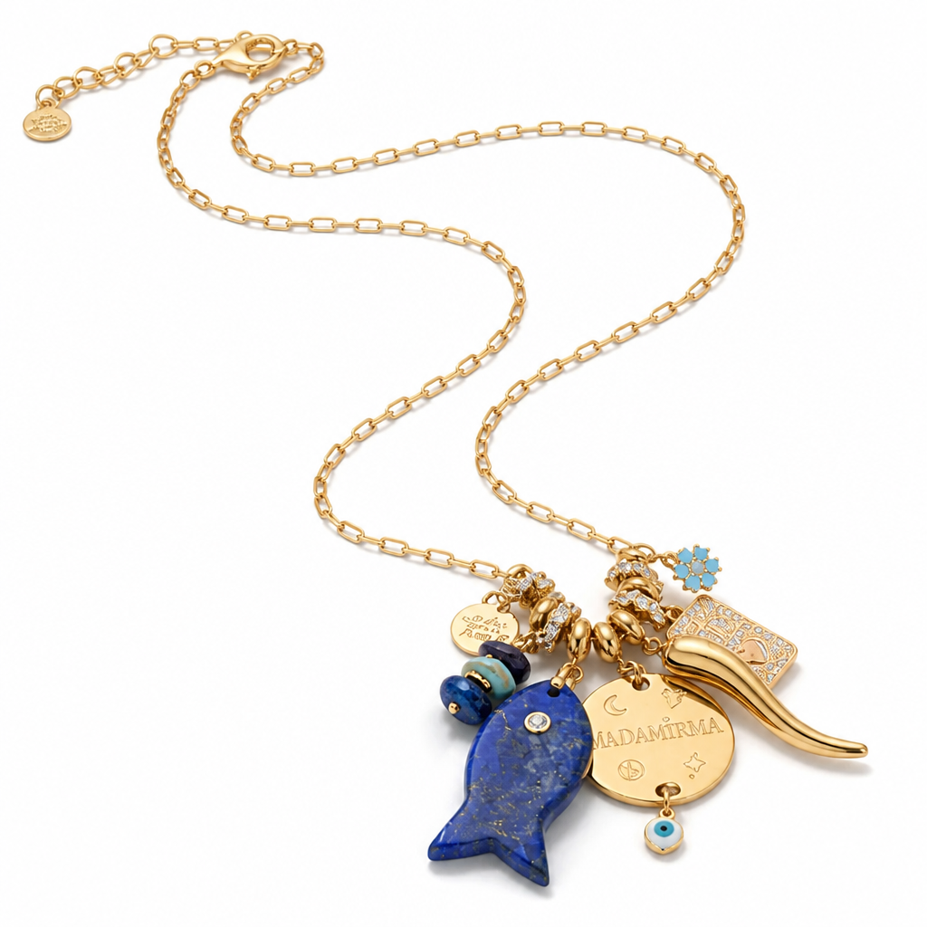 MADAMIRMA - SAUTOIR CHARMS DORÉS - POISSON LAPIS LAZULI