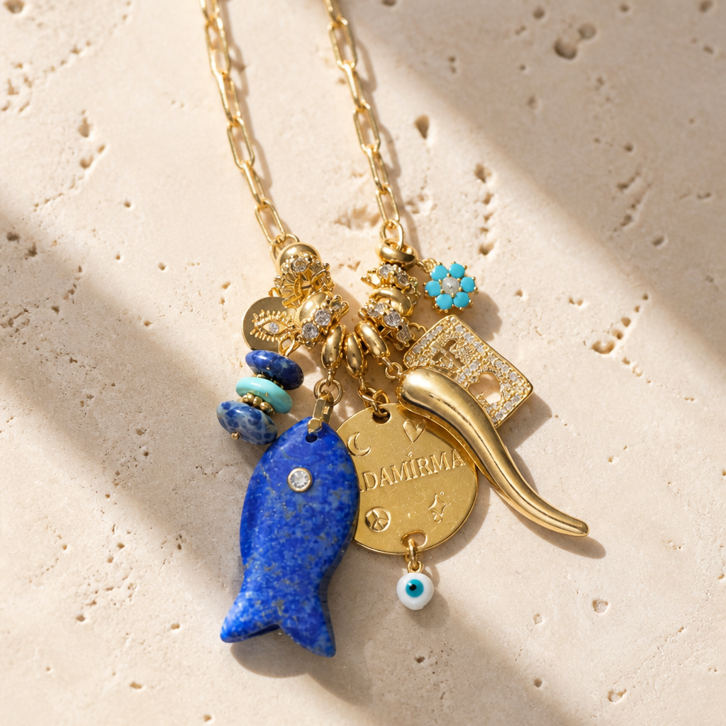 MADAMIRMA - SAUTOIR CHARMS DORÉS - POISSON LAPIS LAZULI