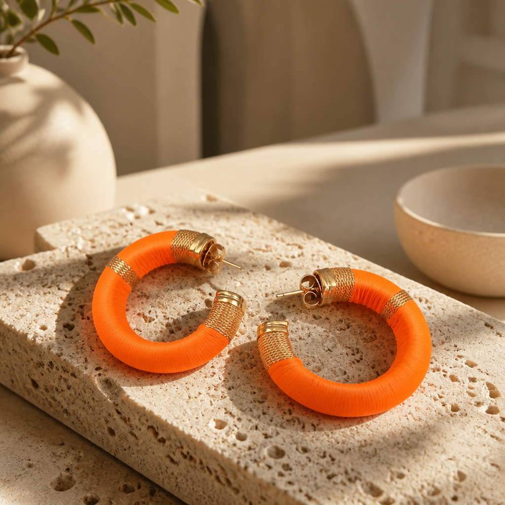 GAS BIJOUX - BOUCLES D'OREILLES CREOLES DORÉES ABALONE EMBALLÉE - ORANGE FLUO
