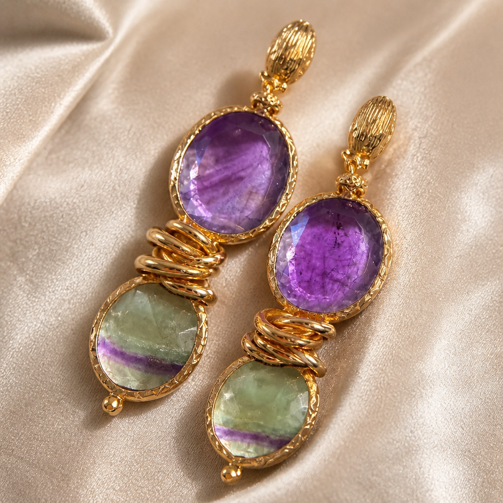 GAS BIJOUX - BOUCLES D'OREILLES SIRENA 2.0 MÉTAL DORÉ - AMÉTHYSTE ET QUARTZ VERT