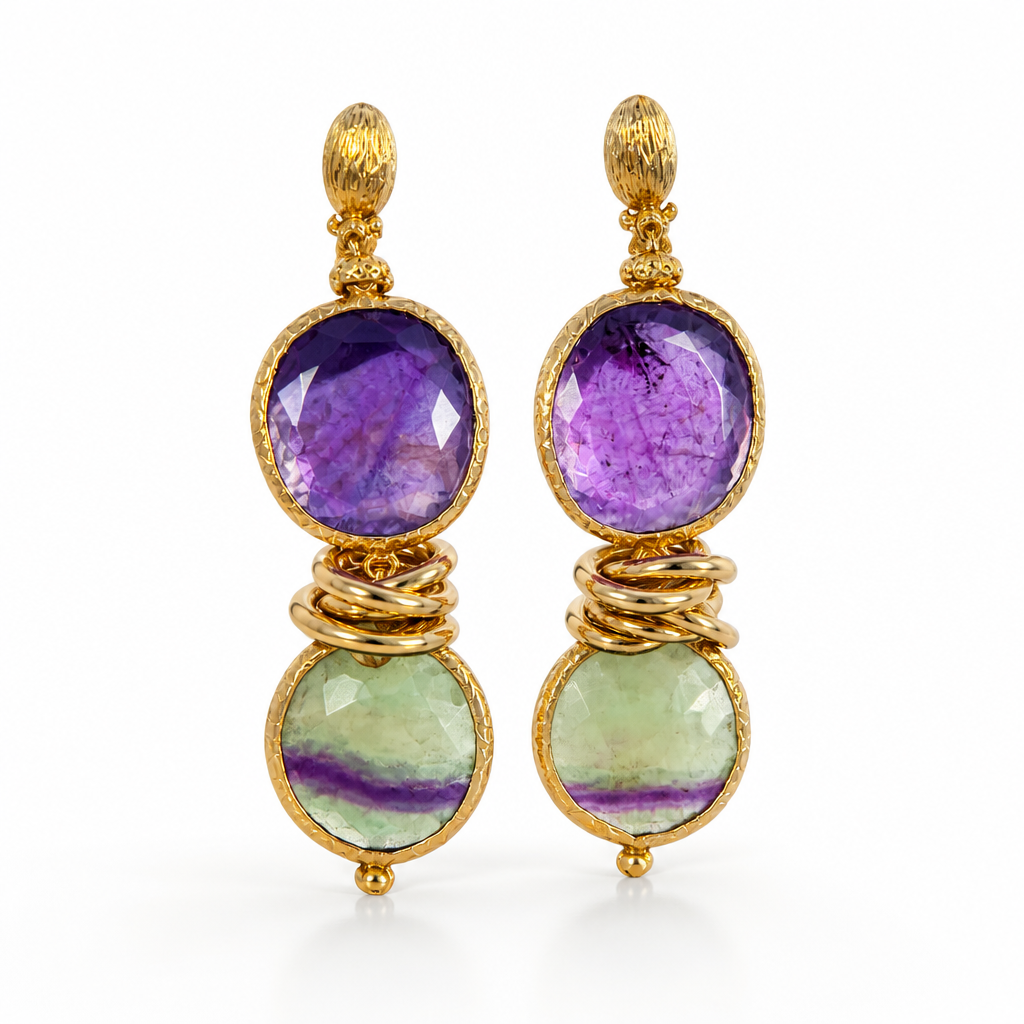 GAS BIJOUX - BOUCLES D'OREILLES SIRENA 2.0 MÉTAL DORÉ - AMÉTHYSTE ET QUARTZ VERT