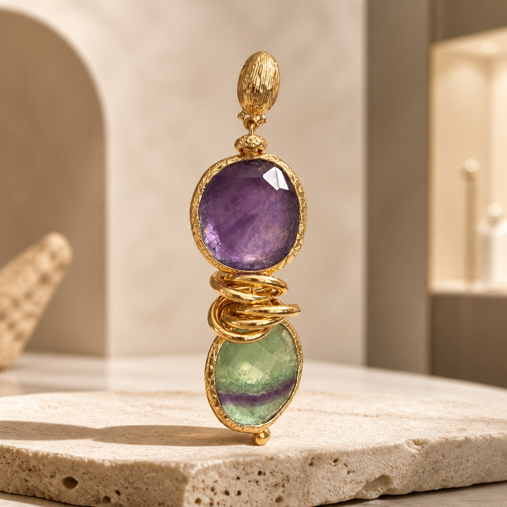 GAS BIJOUX - BOUCLES D'OREILLES SIRENA 2.0 MÉTAL DORÉ - AMÉTHYSTE ET QUARTZ VERT