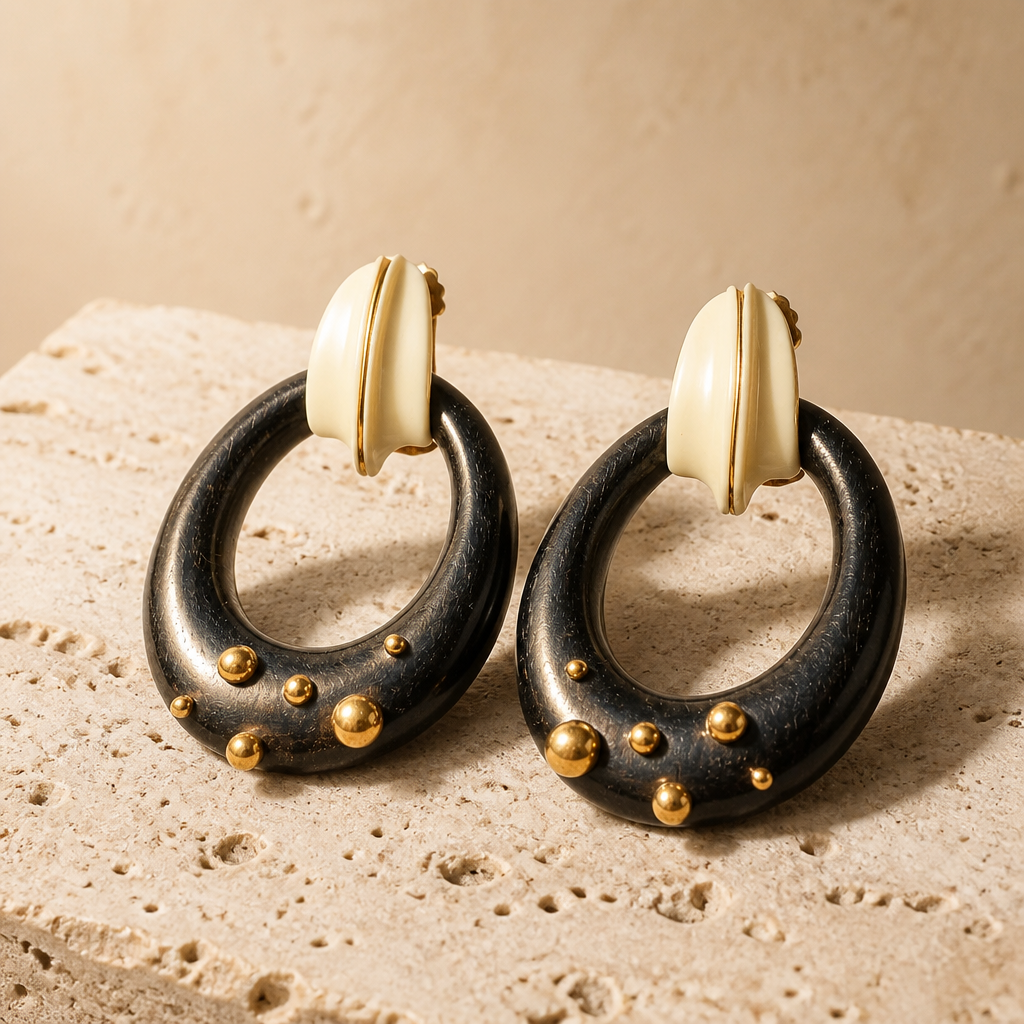 GAS BIJOUX - BOUCLES D'OREILLES BOA - MÉTAL DORÉ - BOIS NOIR ET ACÉTATE BEIGE