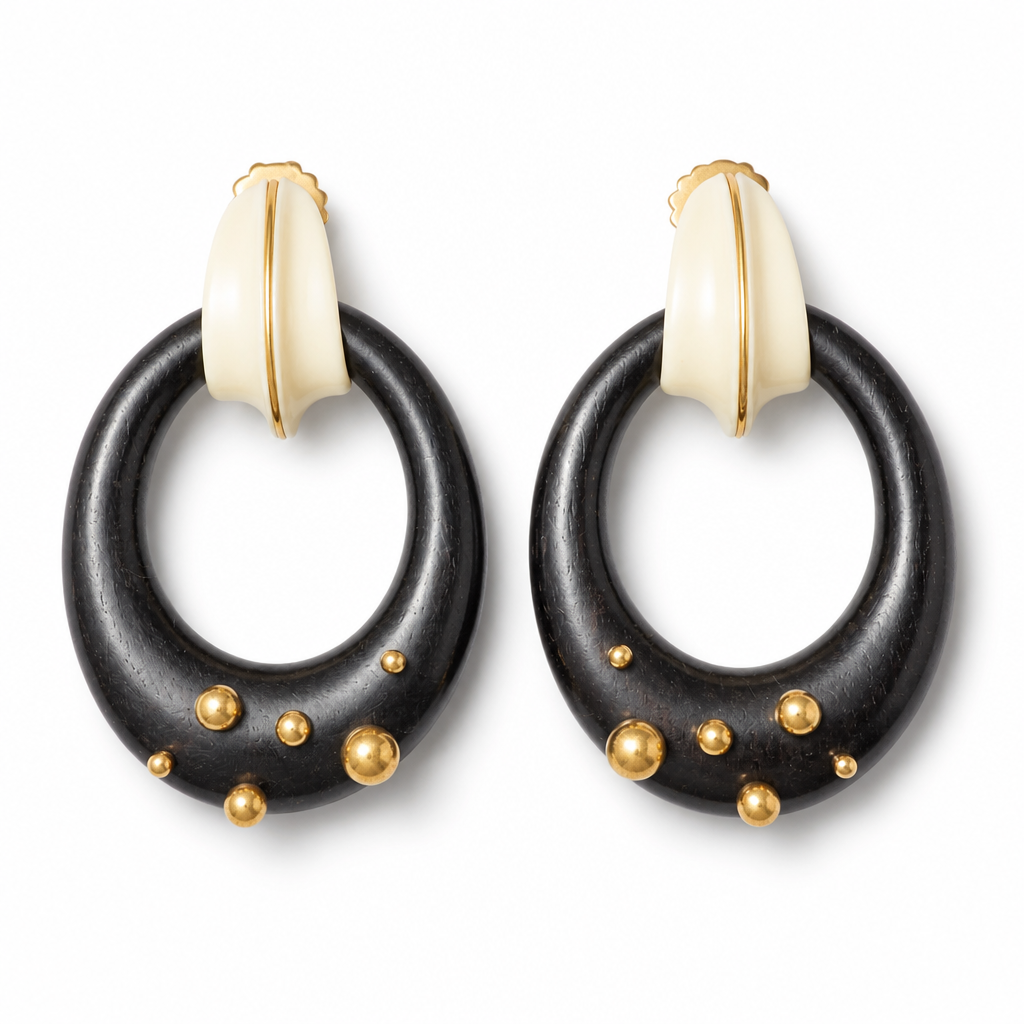 GAS BIJOUX - BOUCLES D'OREILLES BOA - MÉTAL DORÉ - BOIS NOIR ET ACÉTATE BEIGE
