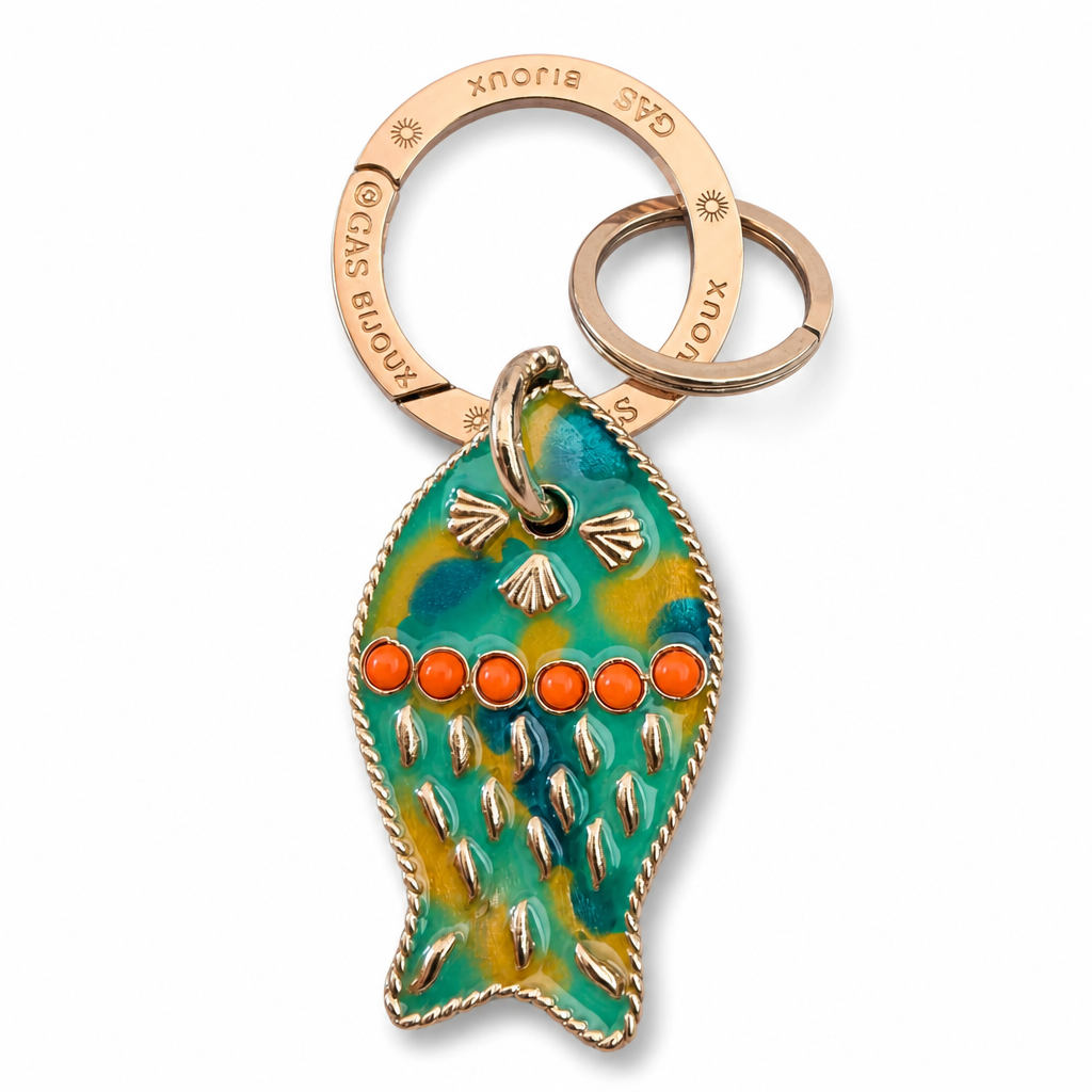 GAS BIJOUX - PORTE CLES NEMO - ÉMAIL VERT - JAUNE ET PERLES ORANGE