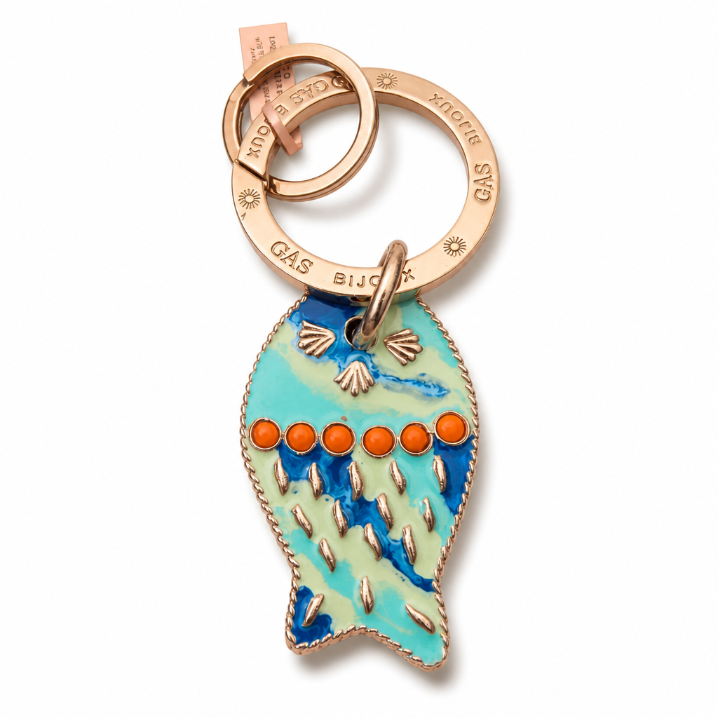 GAS BIJOUX - PORTE CLES NEMO - ÉMAIL VERT D'EAU - BLEU MARINE ET PERLES ORANGE