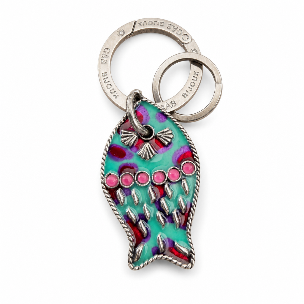 GAS BIJOUX - PORTE CLEFS NEMO - ÉMAIL BLEU - ROUGE - MAUBE ET PERLES ROSES