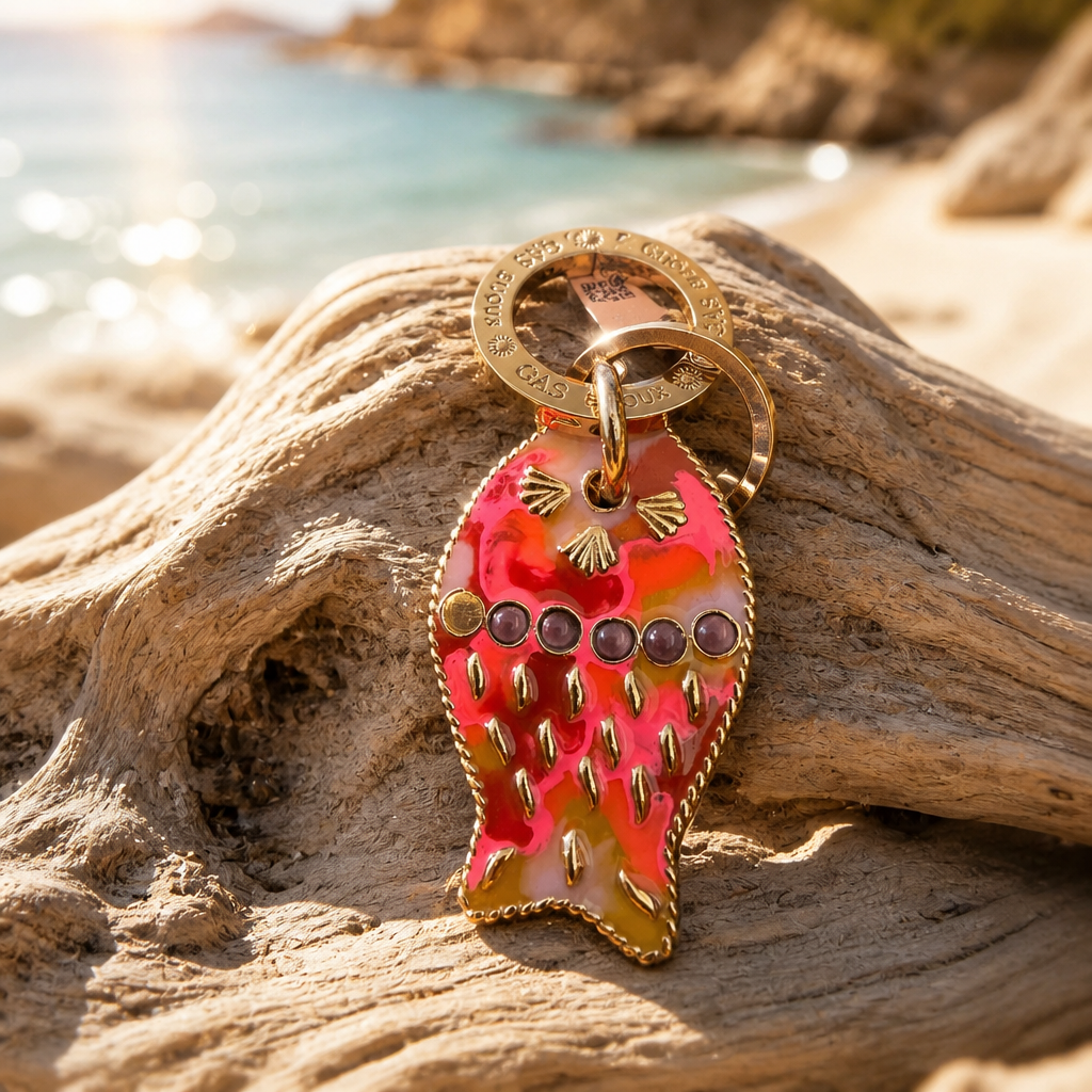 GAS BIJOUX - PORTE CLES NEMO - EMAIL ROSE FLUO ET PERLES MAUVE