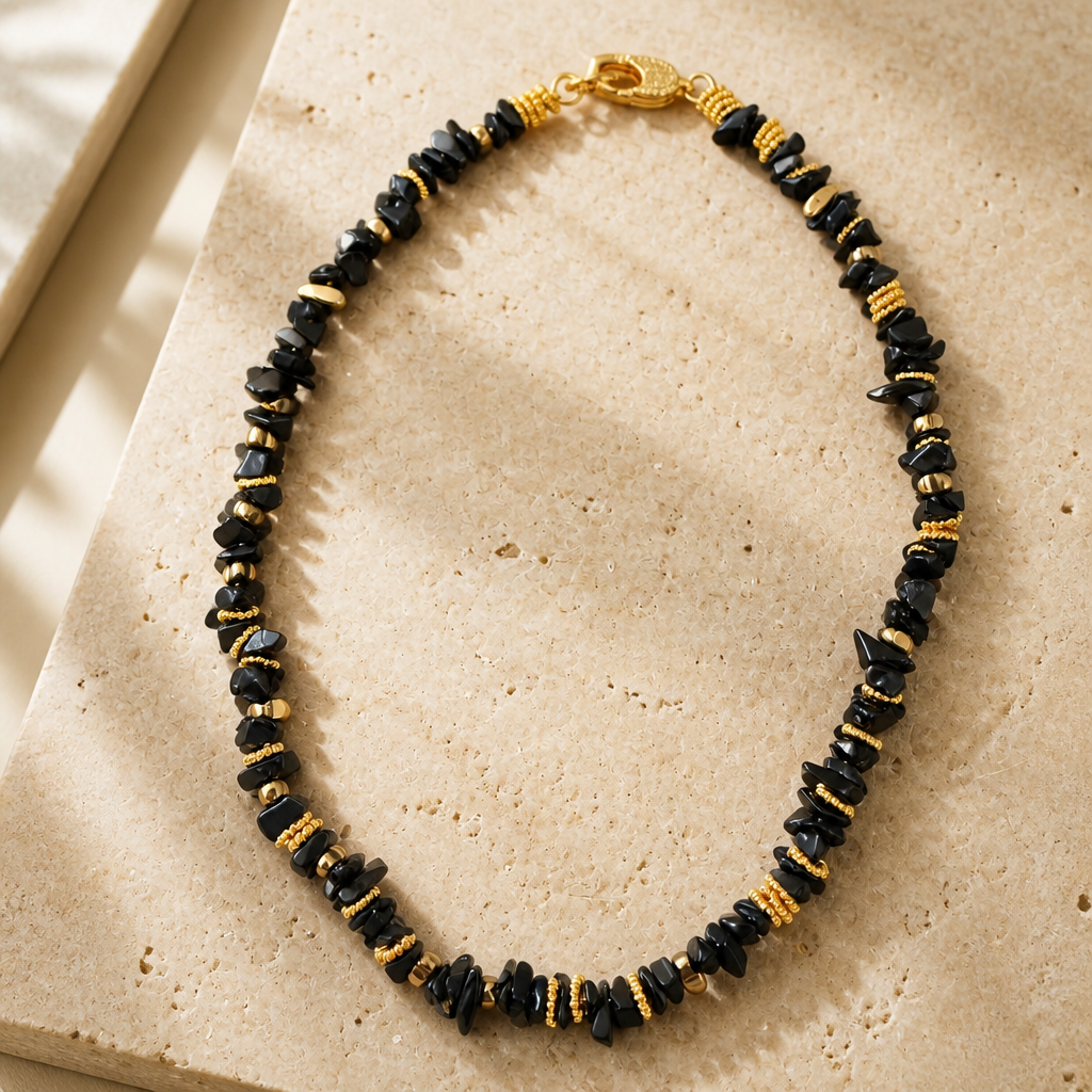 GAS BIJOUX - COLLIER ALOHA PETIT MODÈLE MÉTAL DORÉ - ONYX NOIR