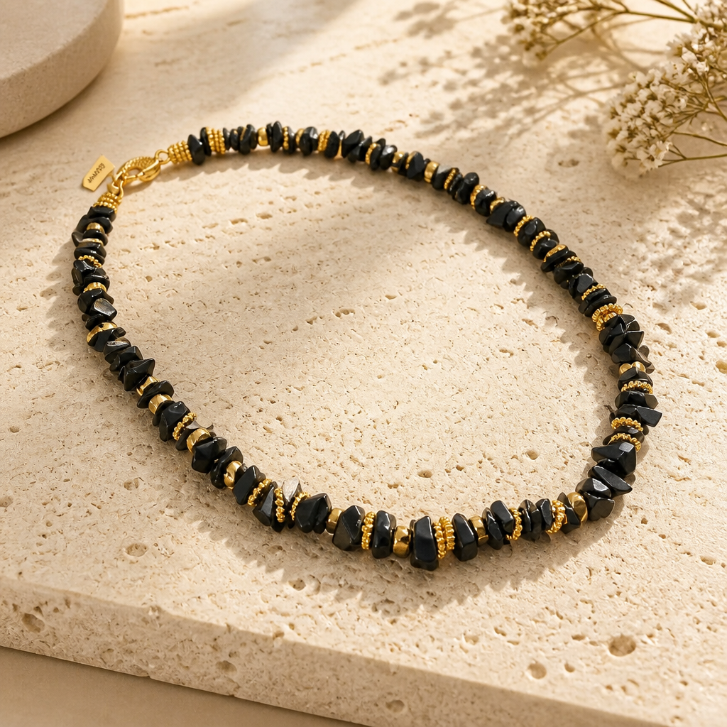 GAS BIJOUX - COLLIER ALOHA PETIT MODÈLE MÉTAL DORÉ - ONYX NOIR