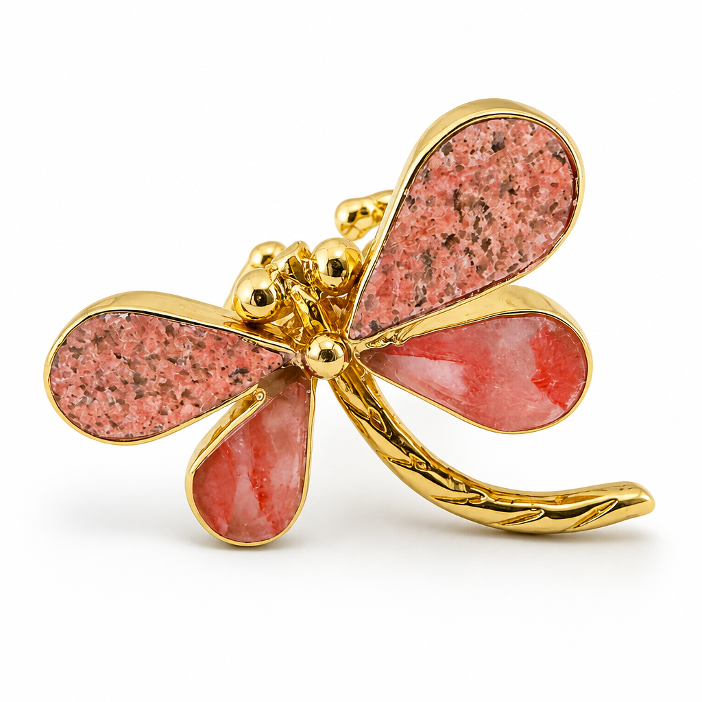 GAS BIJOUX - BAGUE LIBELLULA DORÉE - RHONODITE ET QUARTZ ROSE  - AJUSTABLE