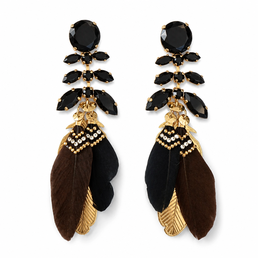 GAS BIJOUX - BOUCLES D'OREILLES CABARET METAL DORÉ - PLUMES NOIRE ET MARRON