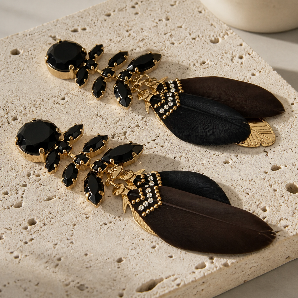 GAS BIJOUX - BOUCLES D'OREILLES CABARET METAL DORÉ - PLUMES NOIRE ET MARRON