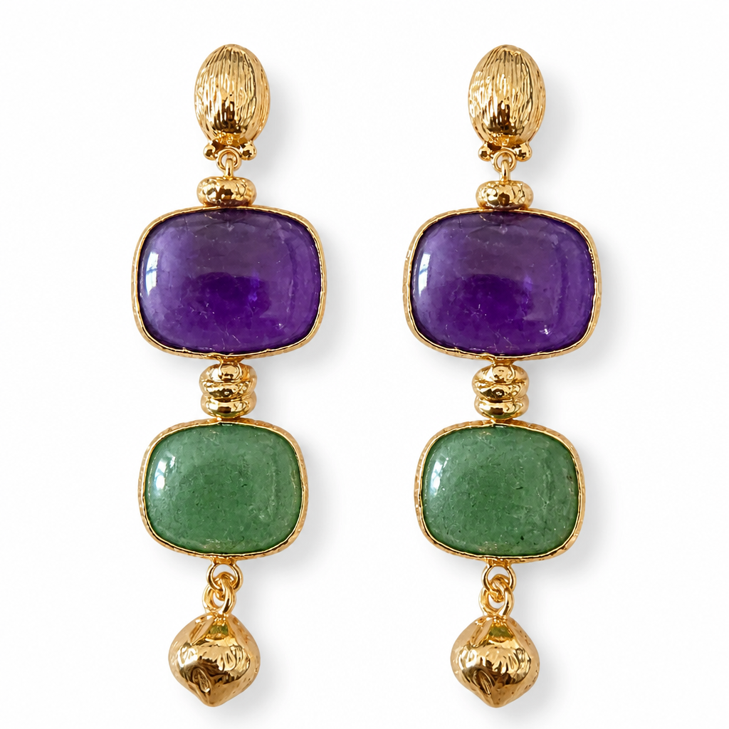 GAS BIJOUX - BOUCLES D'OREILLES SILENE PETITS MODELES DORÉES - AMAZONITE ET AMÉTHYSTE