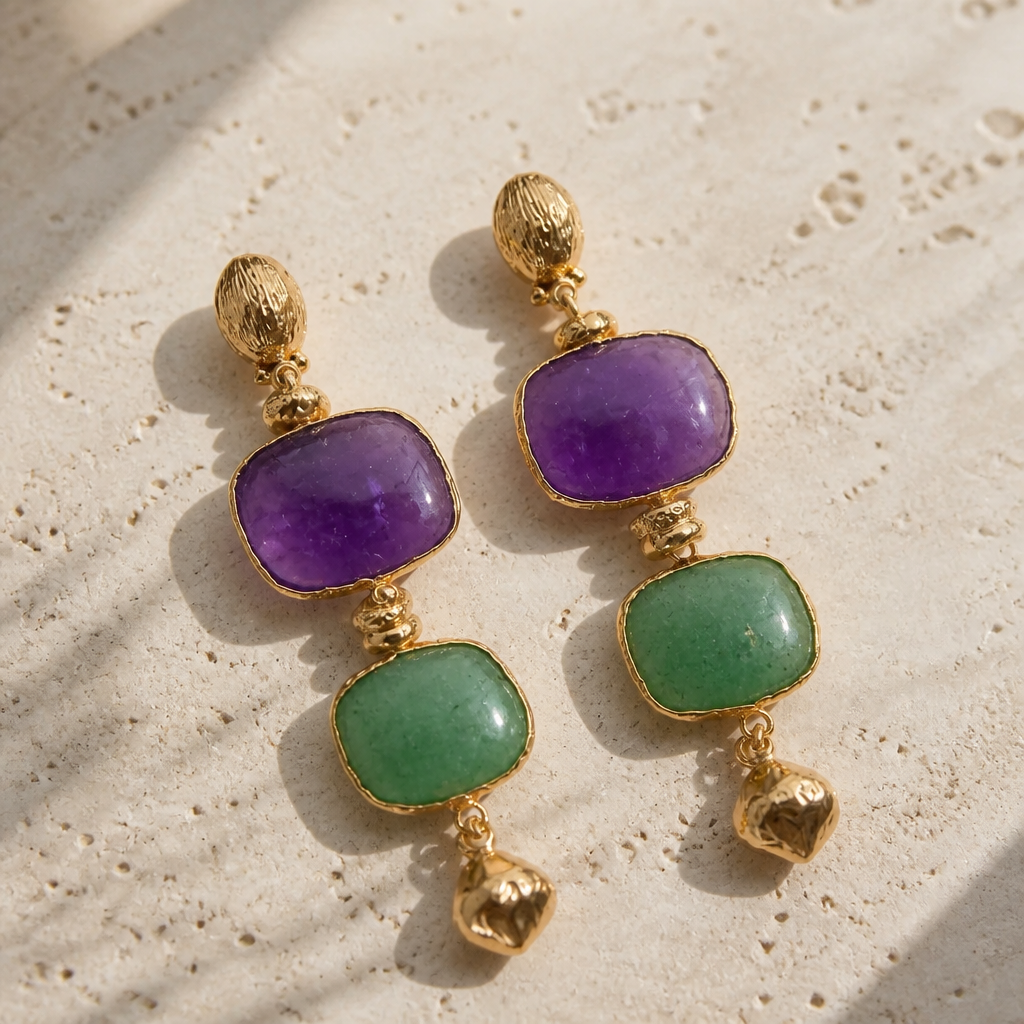 GAS BIJOUX - BOUCLES D'OREILLES SILENE PETITS MODELES DORÉES - AMAZONITE ET AMÉTHYSTE