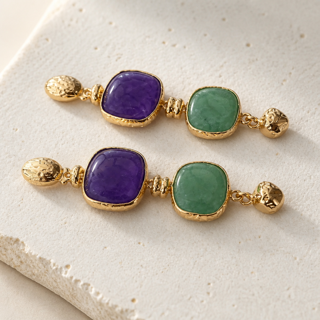 GAS BIJOUX - BOUCLES D'OREILLES SILENE PETITS MODELES DORÉES - AMAZONITE ET AMÉTHYSTE