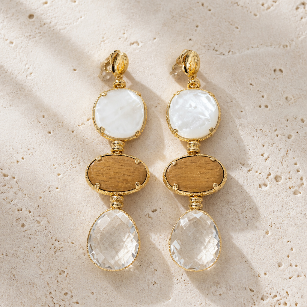 GAS BIJOUX - BOUCLES D'OREILLES SILENE 3 RANGS GRAND MODELE - NACRE BLANCHE, BOIS ET QUARTZ