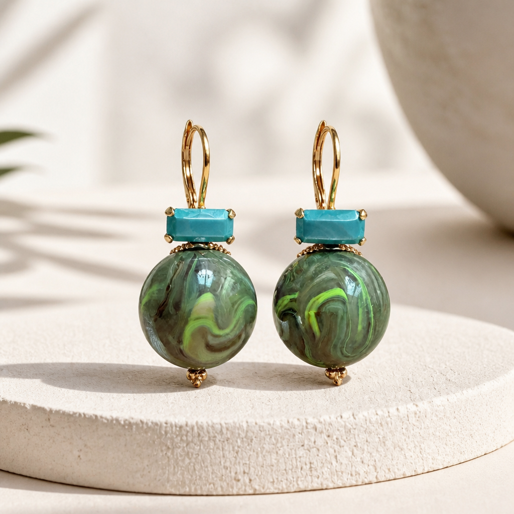 GAS BIJOUX - BOUCLES D'OREILLES DECALCIA METAL DORÉ - KAKI CRISTAL TURQUOISE