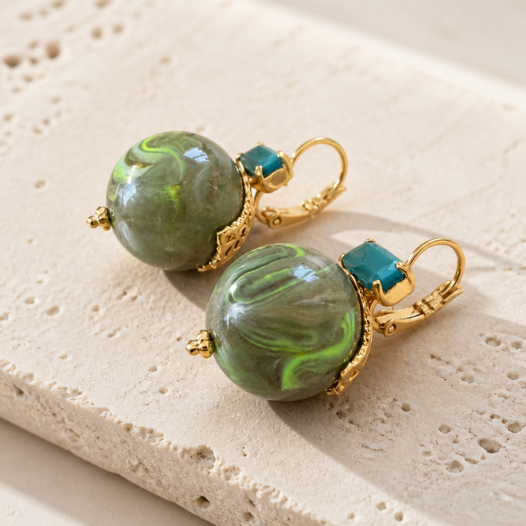 GAS BIJOUX - BOUCLES D'OREILLES DECALCIA METAL DORÉ - KAKI CRISTAL TURQUOISE