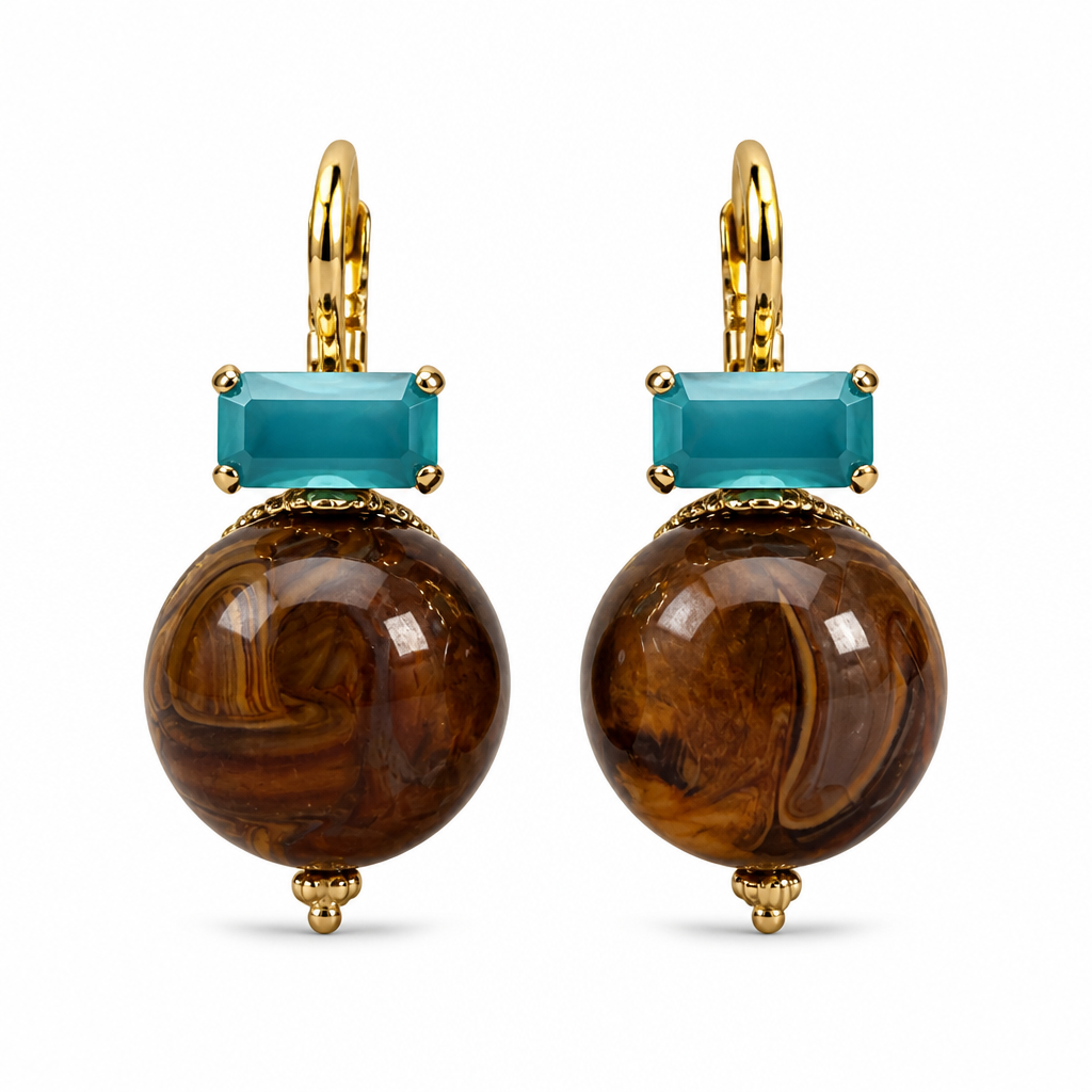 GAS BIJOUX - BOUCLES D'OREILLES DECALCIA DORÉES - MARRON ET CRISTAUX TURQUOISE