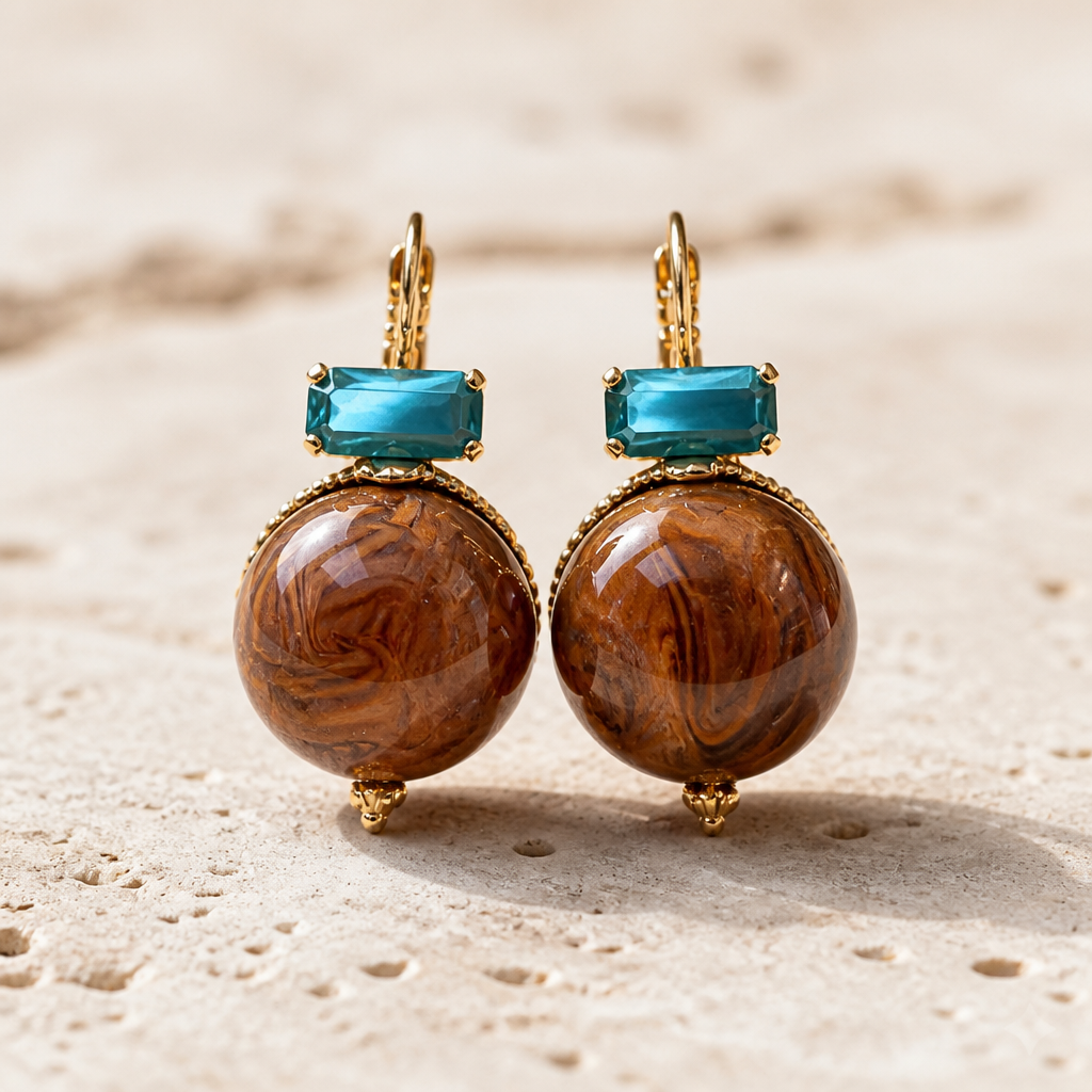 GAS BIJOUX - BOUCLES D'OREILLES DECALCIA DORÉES - MARRON ET CRISTAUX TURQUOISE
