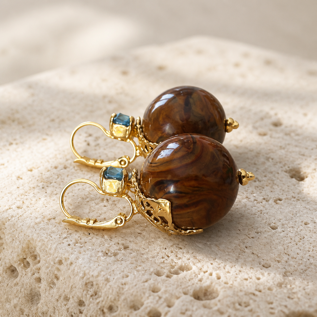 GAS BIJOUX - BOUCLES D'OREILLES DECALCIA DORÉES - MARRON ET CRISTAUX TURQUOISE