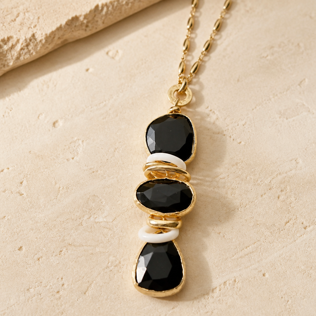 GAS BIJOUX - SAUTOIR SILENE DORÉ - ONYX ET ACETATE BEIGE
