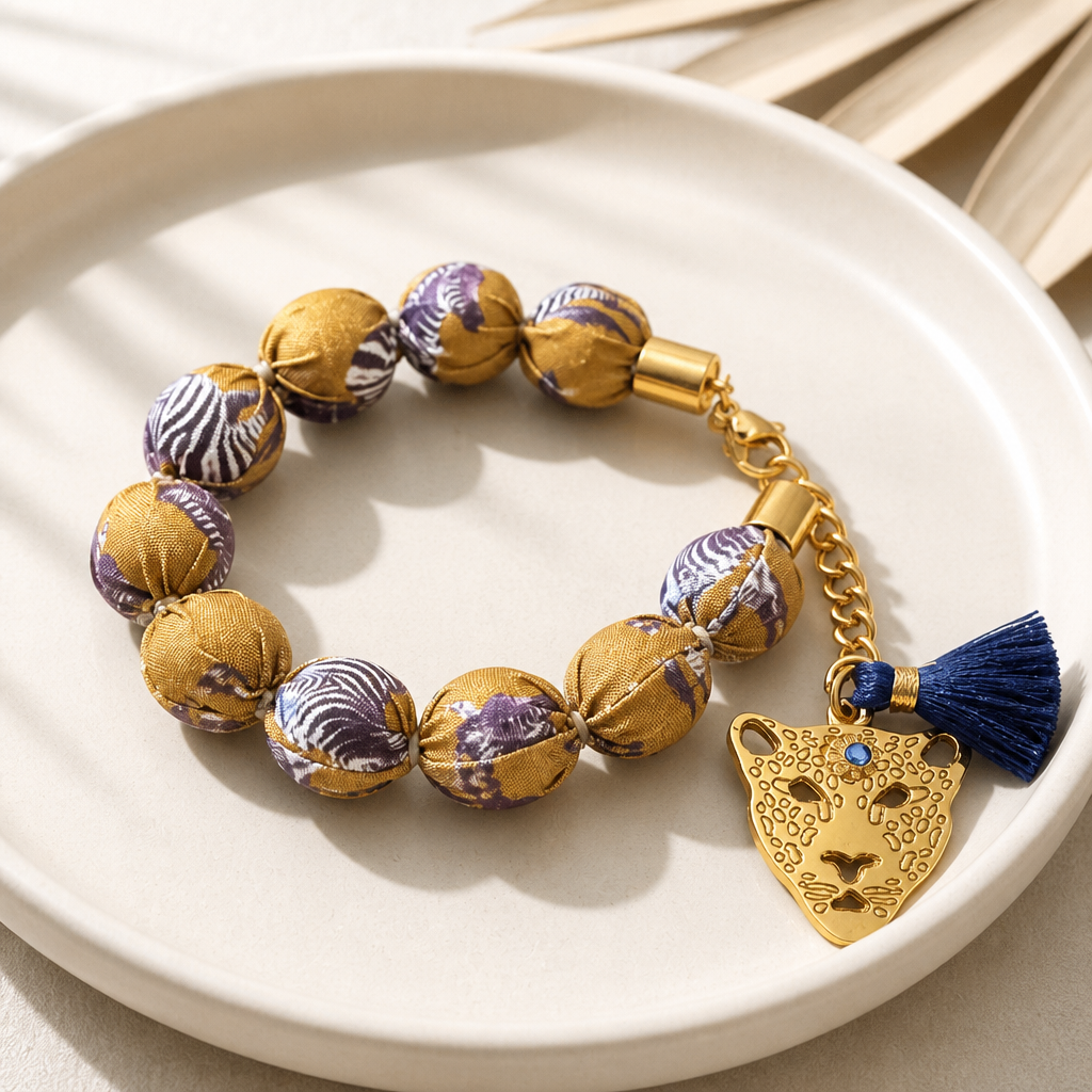 EXVOTOBYNATGAP - BRACELETS BOULES TISSUS AVEC TETE DE TIGRE - 3 COULEURS