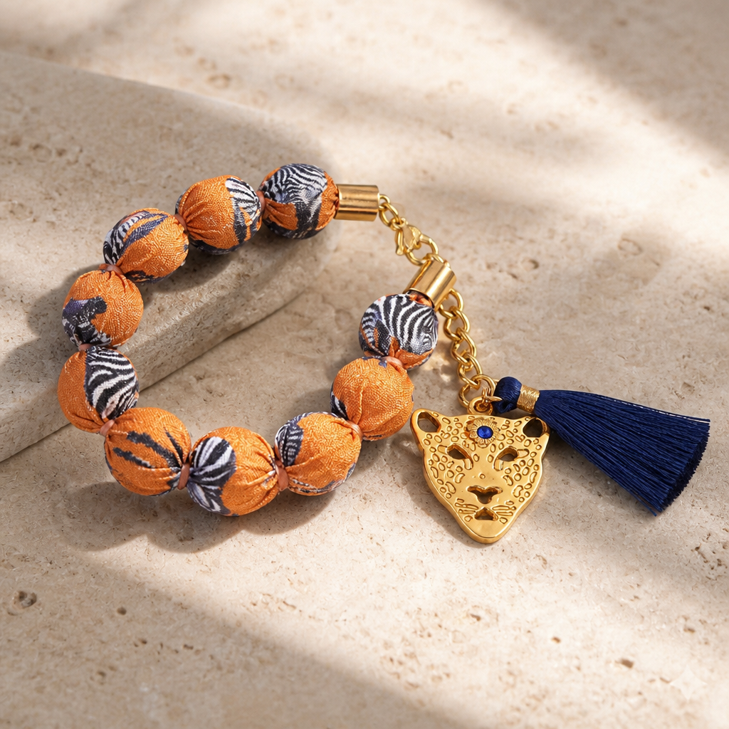 EXVOTOBYNATGAP - BRACELETS BOULES TISSUS AVEC TETE DE TIGRE - 3 COULEURS