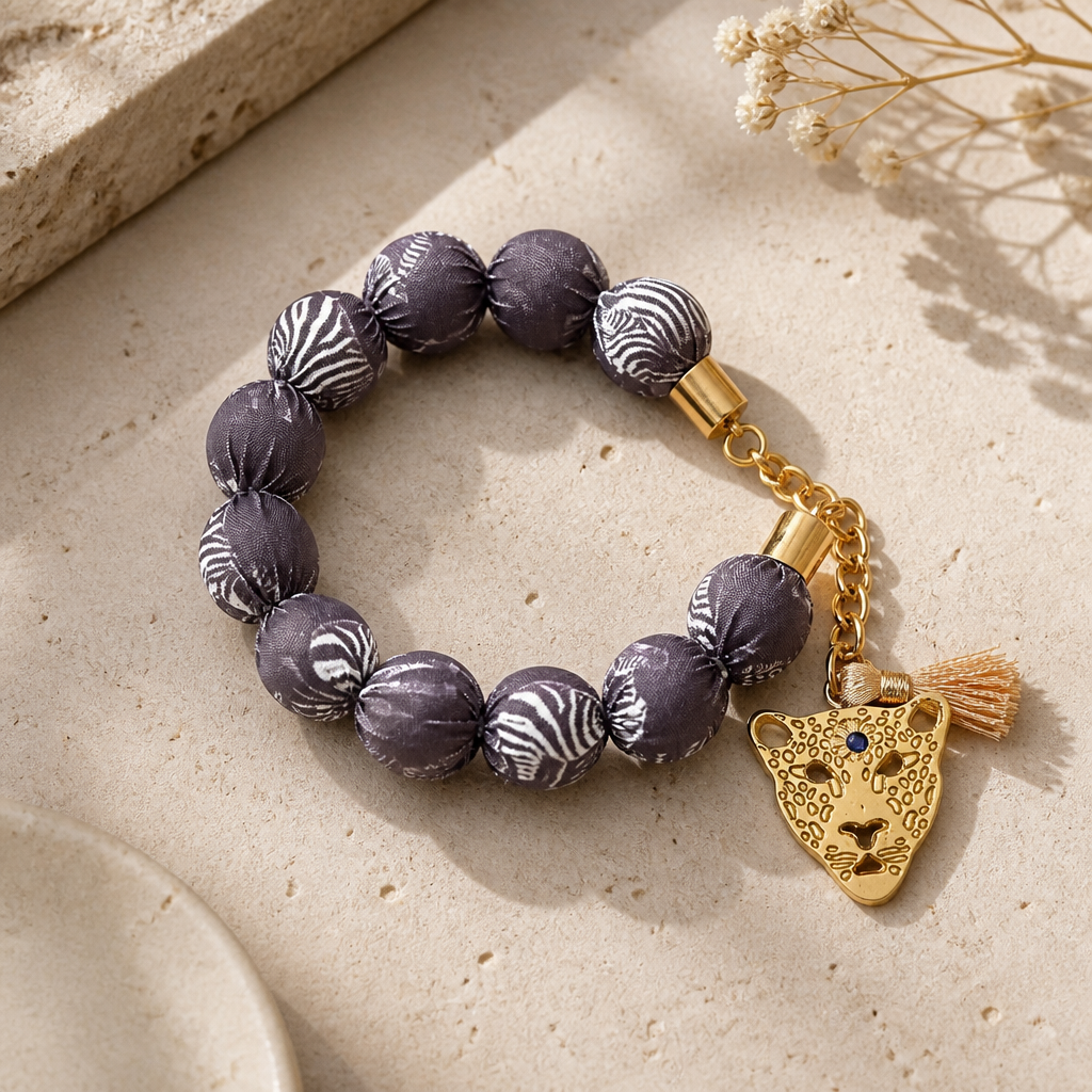 EXVOTOBYNATGAP - BRACELETS BOULES TISSUS AVEC TETE DE TIGRE - 3 COULEURS