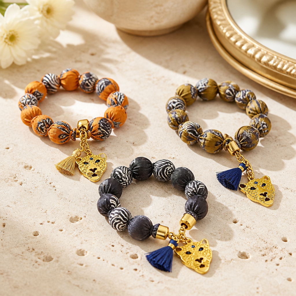 EXVOTOBYNATGAP - BRACELETS BOULES TISSUS AVEC TETE DE TIGRE - 3 COULEURS
