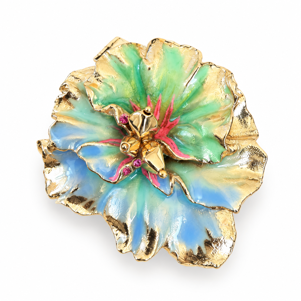 GAS BIJOUX - BROCHE PENSEE DORÉE - ÉMAIL VERT ET BLEU