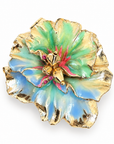 GAS BIJOUX - BROCHE PENSEE DORÉE - ÉMAIL VERT ET BLEU