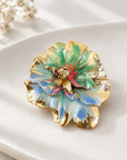 GAS BIJOUX - BROCHE PENSEE DORÉE - ÉMAIL VERT ET BLEU