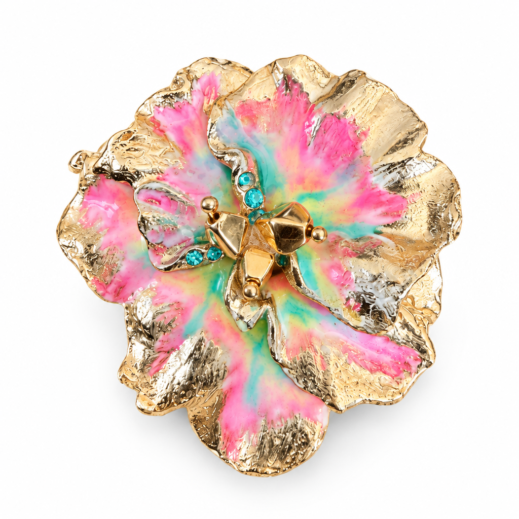 GAS BIJOUX - BROCHE PENSEE DORÉE - ÉMAIL TONS DE ROSES