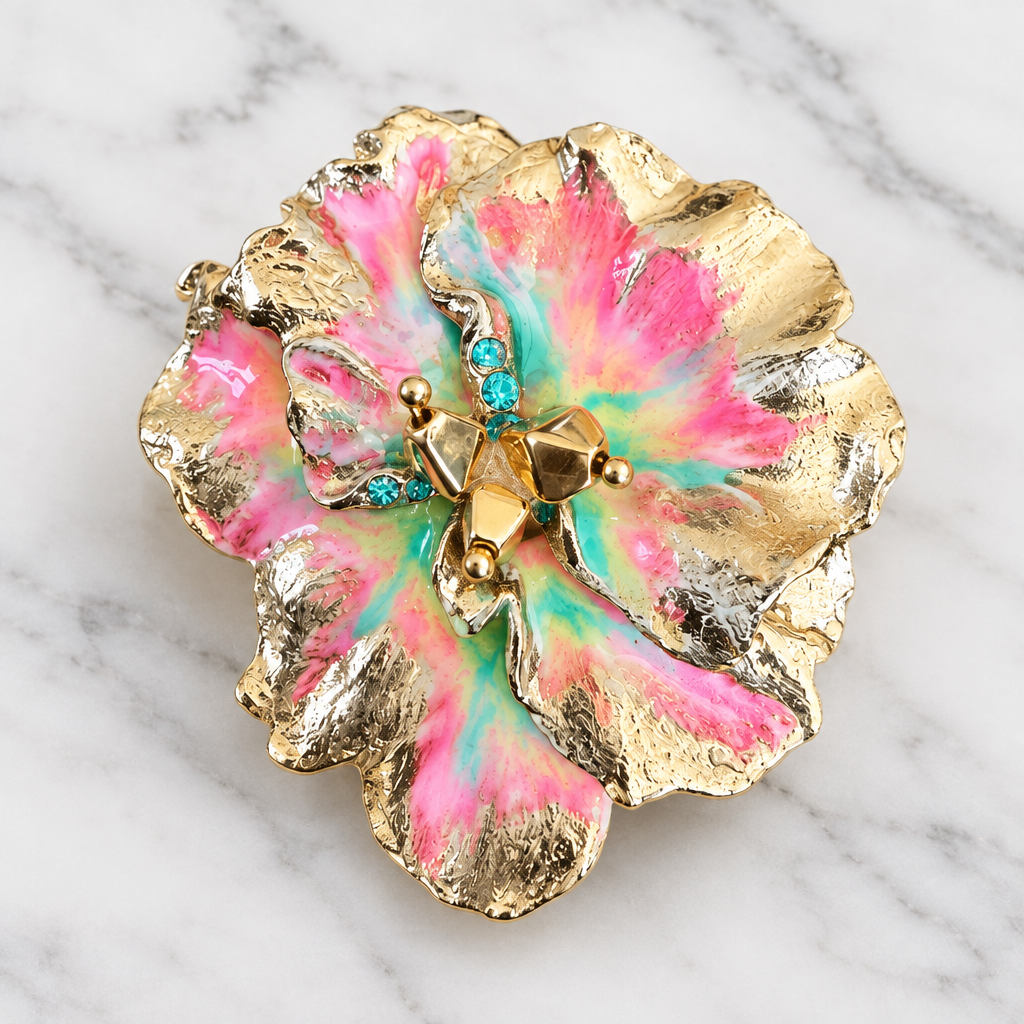 GAS BIJOUX - BROCHE PENSEE DORÉE - ÉMAIL TONS DE ROSES
