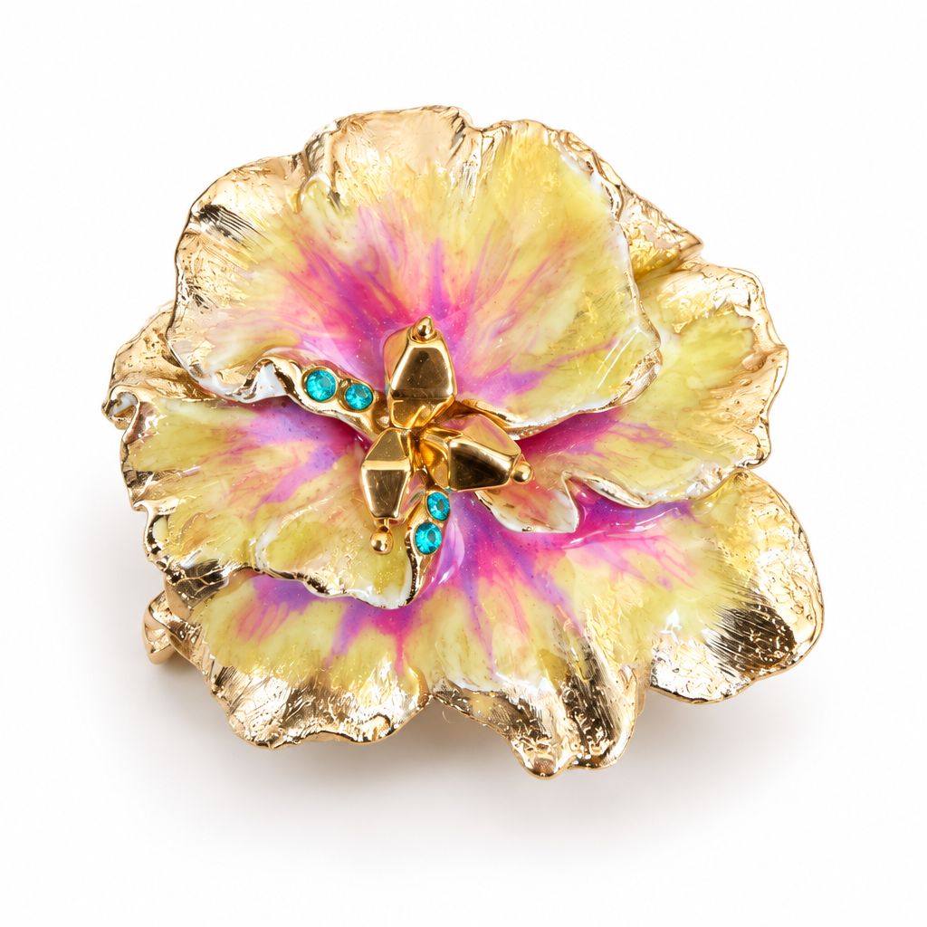 GAS BIJOUX - BROCHE PENSÉE DORÉE - ÉMAIL TONS DE JAUNE ET ROSE