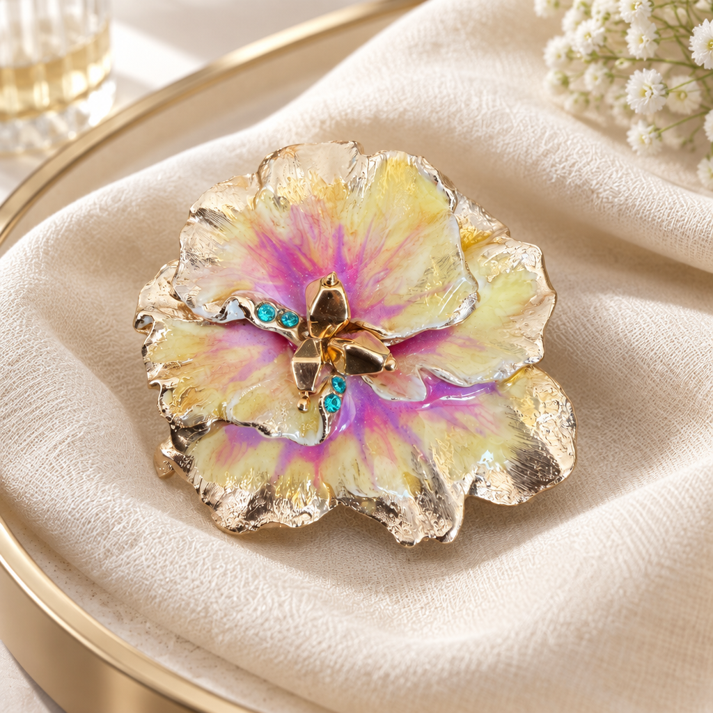 GAS BIJOUX - BROCHE PENSÉE DORÉE - ÉMAIL TONS DE JAUNE ET ROSE